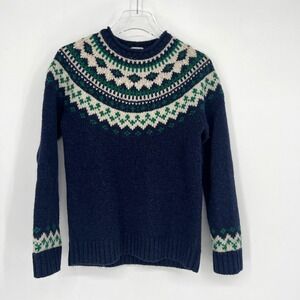 Vtg LL Bean Fair Isle Sweater Womens XS Lambswool Roll Neck Blue Green Preppy